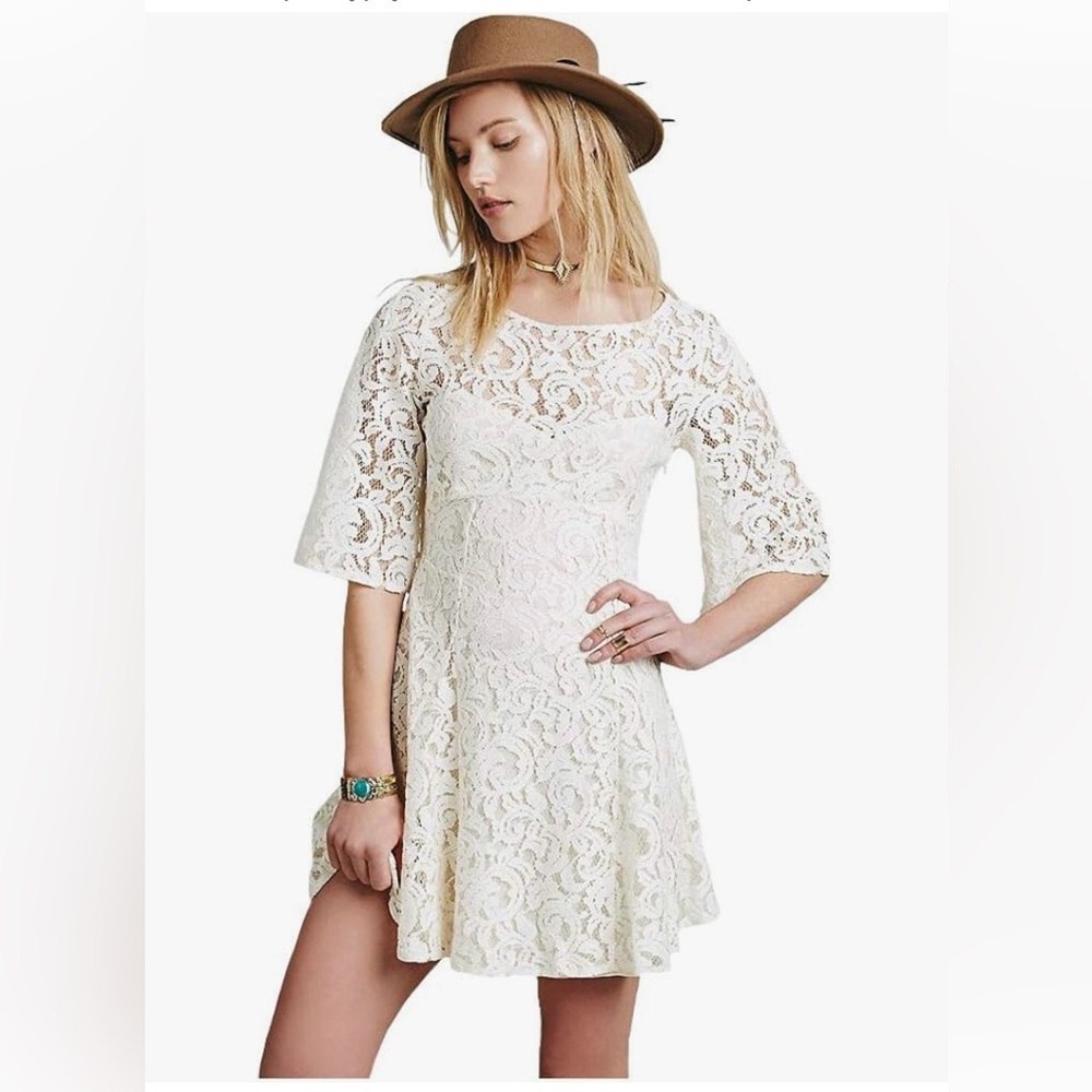 Free People Cream Flutter Sleeve Lace Mini Dress